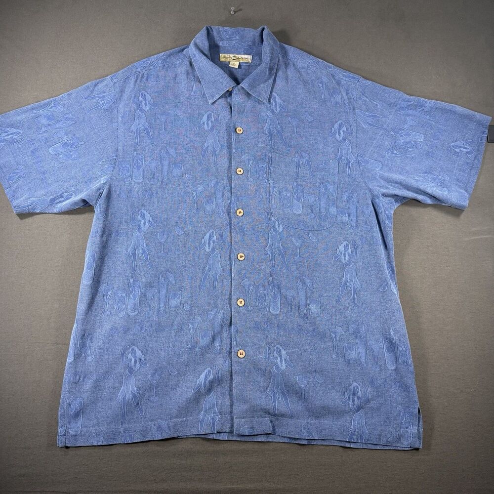 Tommy Bahama Silk Shirt Mens XL Blue Hawaiian Camp Hula Drinks Loop Collar Beach